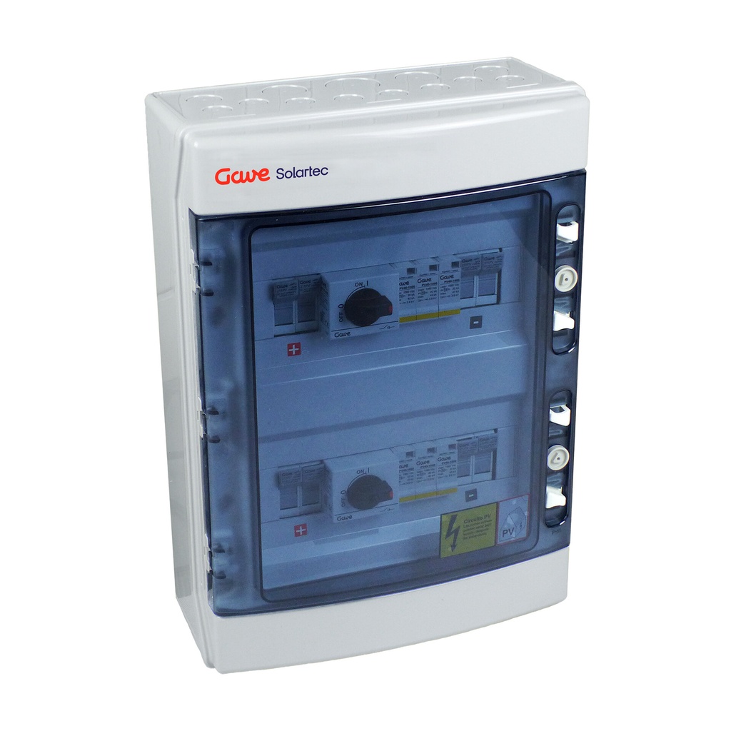 CAJA MODULAR CONEXION PV 2 STR. FUS. 12A + PROT.SOBRETENSION II+INTERRUPTOR DOS CIRCUITOS