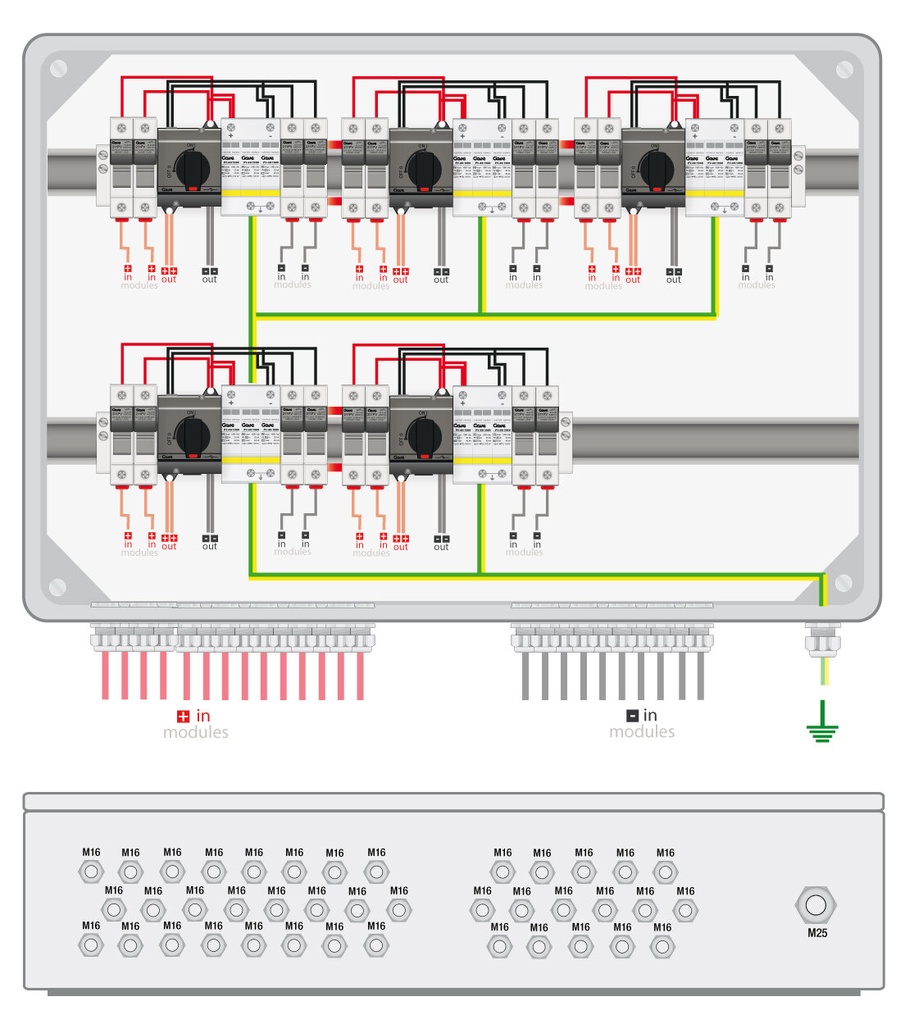 CAJA CONEXIÓN PV - 2 STRINGS x MPPT 1000V 25A FUS15A 5MPPT SALIDAS INDIVIDUALES
